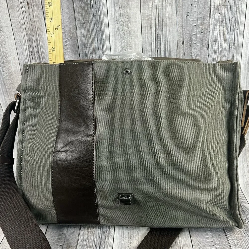 Pottery Barn Messenger Laptop Bag Bradley Leather & Canvas Taupe & Olive Bag
